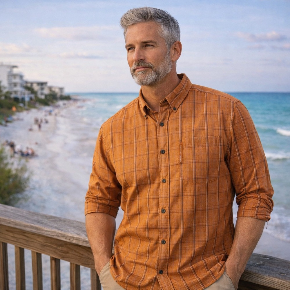 Columbia Mens Size Large Orange Beach Work Button Up Down Casual Coast Shirt